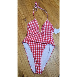Wild Fable Womens Swimsuit Red Gingham Plaid Cross Halter Extra High Leg Sz XXS